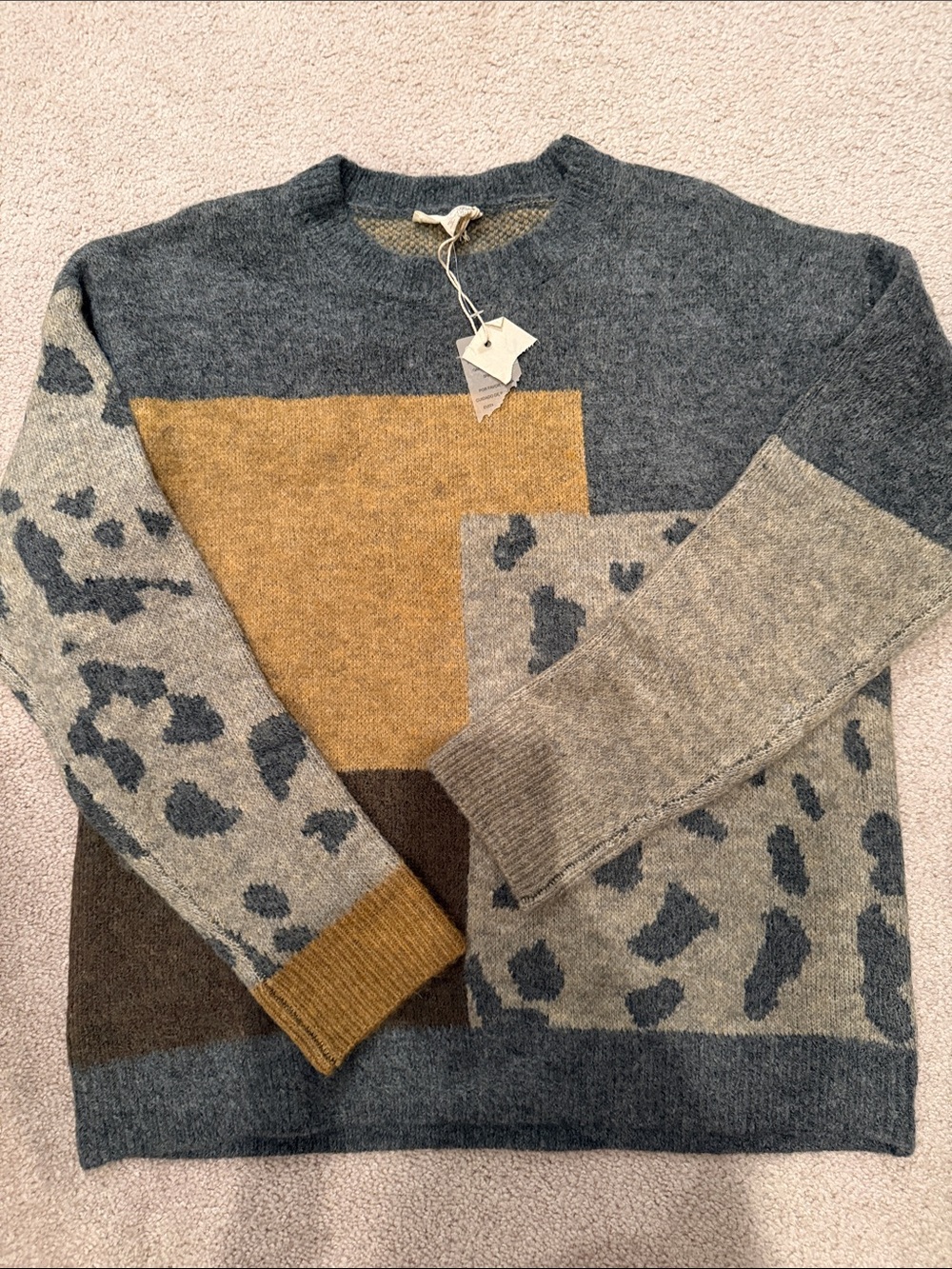 Mystree Colorblock Crewneck Sweater in Gray, Mustard & Brown